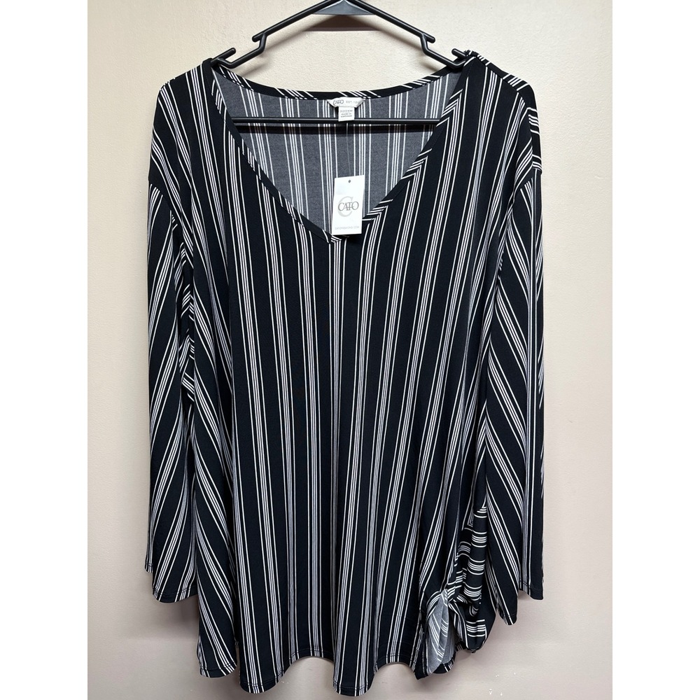 Cato Striped V Neck Tunic‎ Top Black White Plus Size 22W 24W Long Sleeve